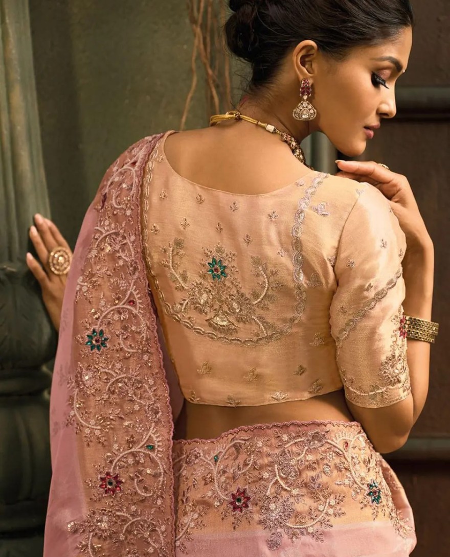 PINK - Rose Pink Handwork Pure Silk Designer Saree